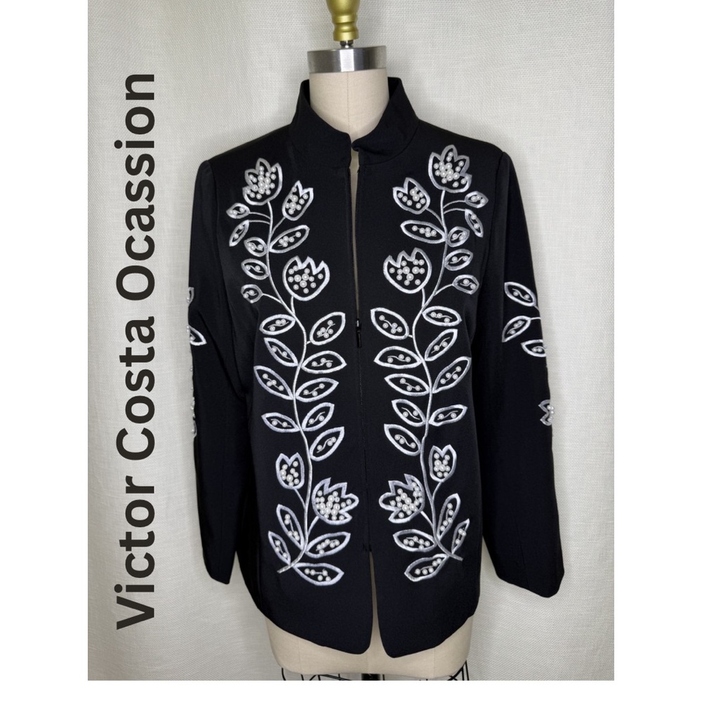 Victor Costa Occasion Embellished Floral Jacket Black Small Elegant Chic